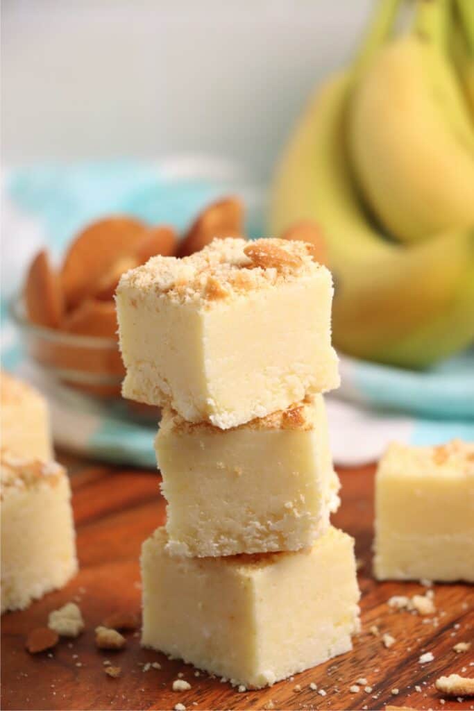 Three banana fudge squares stacked atop one another. 