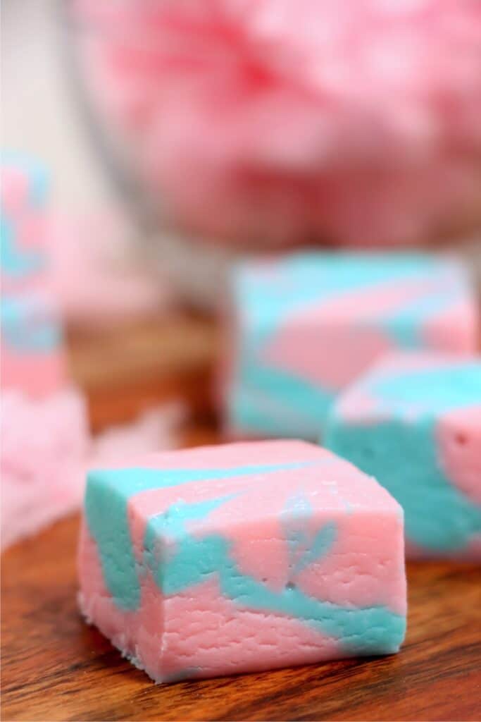 Closeup shot of cotton candy fudge square with more fudge squares in background