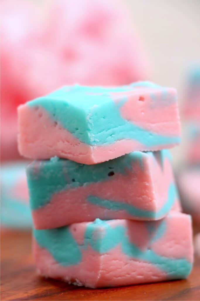 Closeup shot of cotton candy fudge squares stacked atop one another