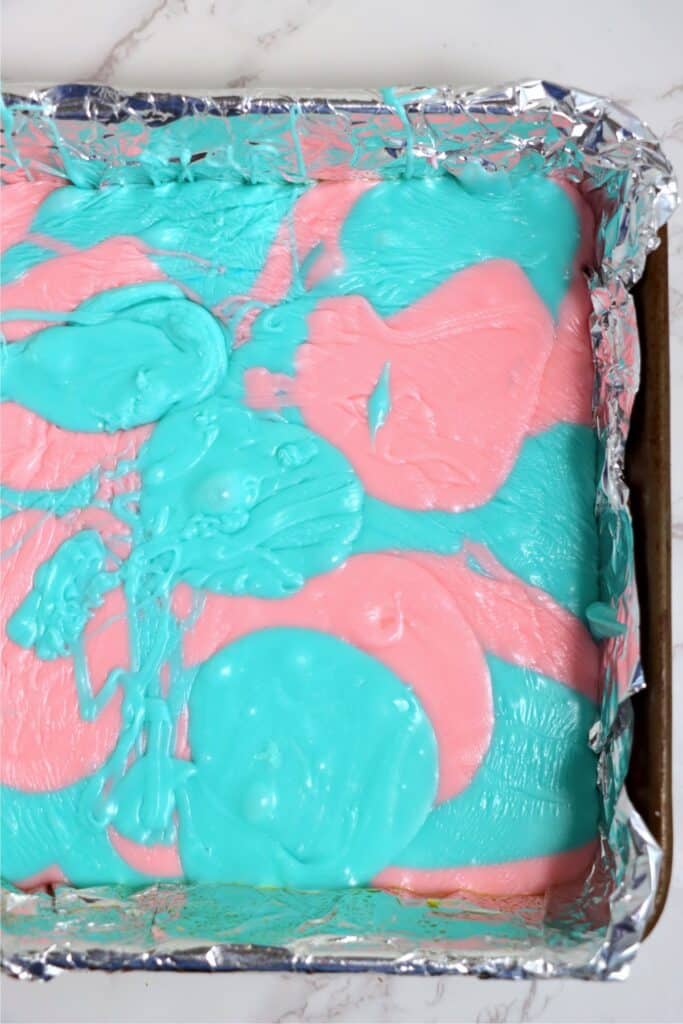 Overhead shot of cotton candy fudge before swirling