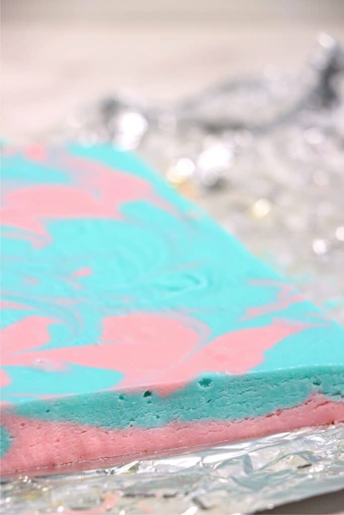 Closeup shot of cotton candy fudge on foil