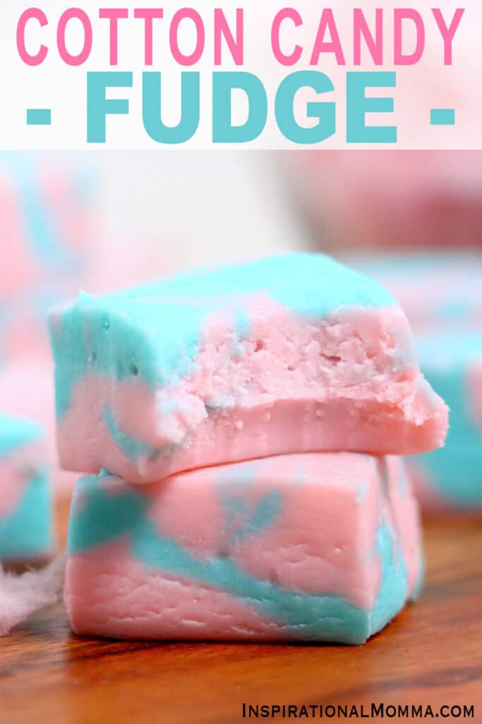 Closeup shot of two cotton candy fudge squares stacked atop one another. 