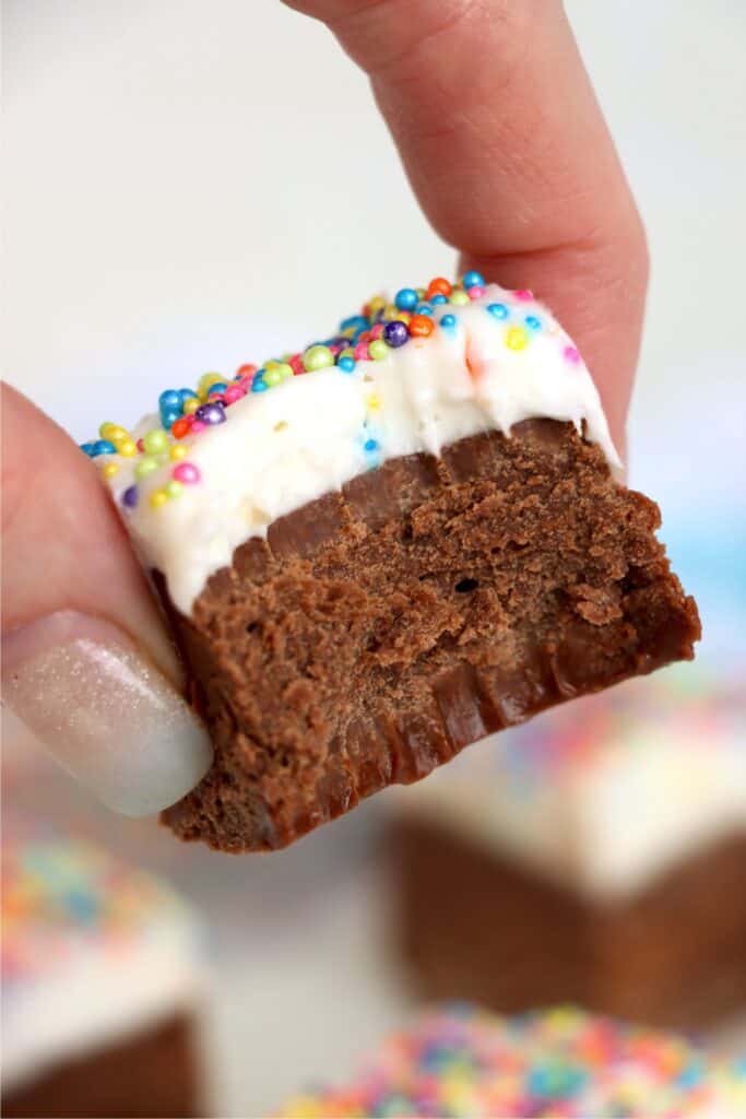 Closeup shot of hand holding a square of frosted fudge withe bite taken out