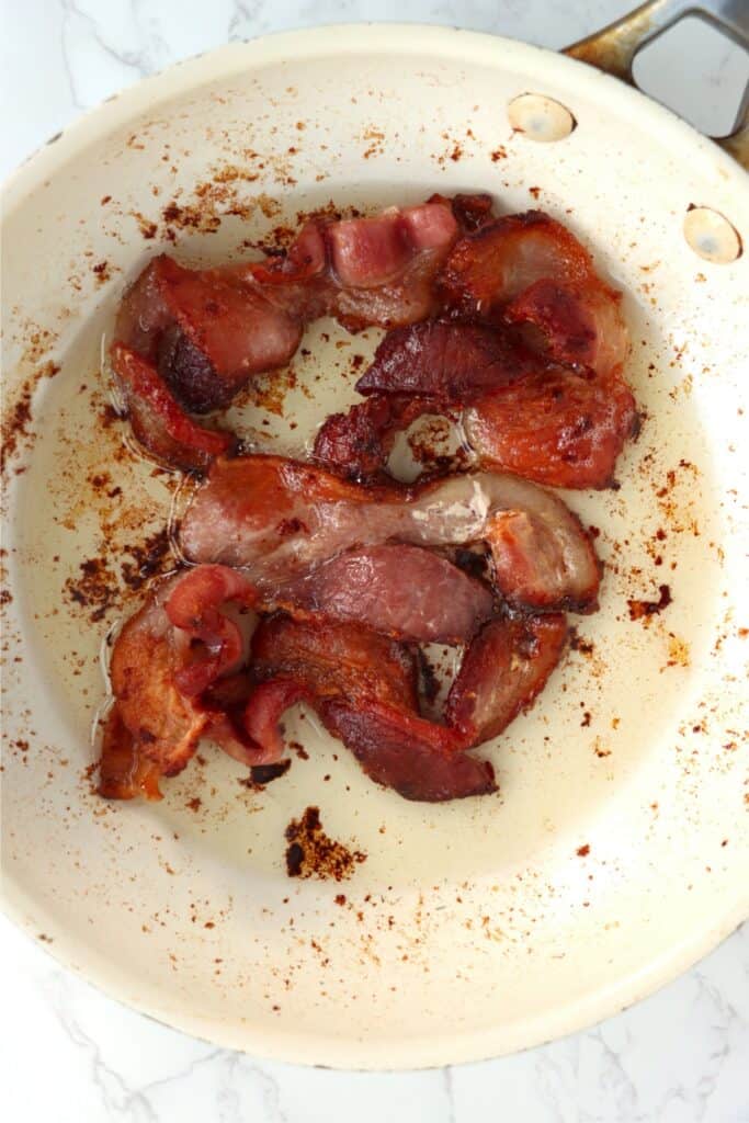 Overhead shot of cooked baon in a pan