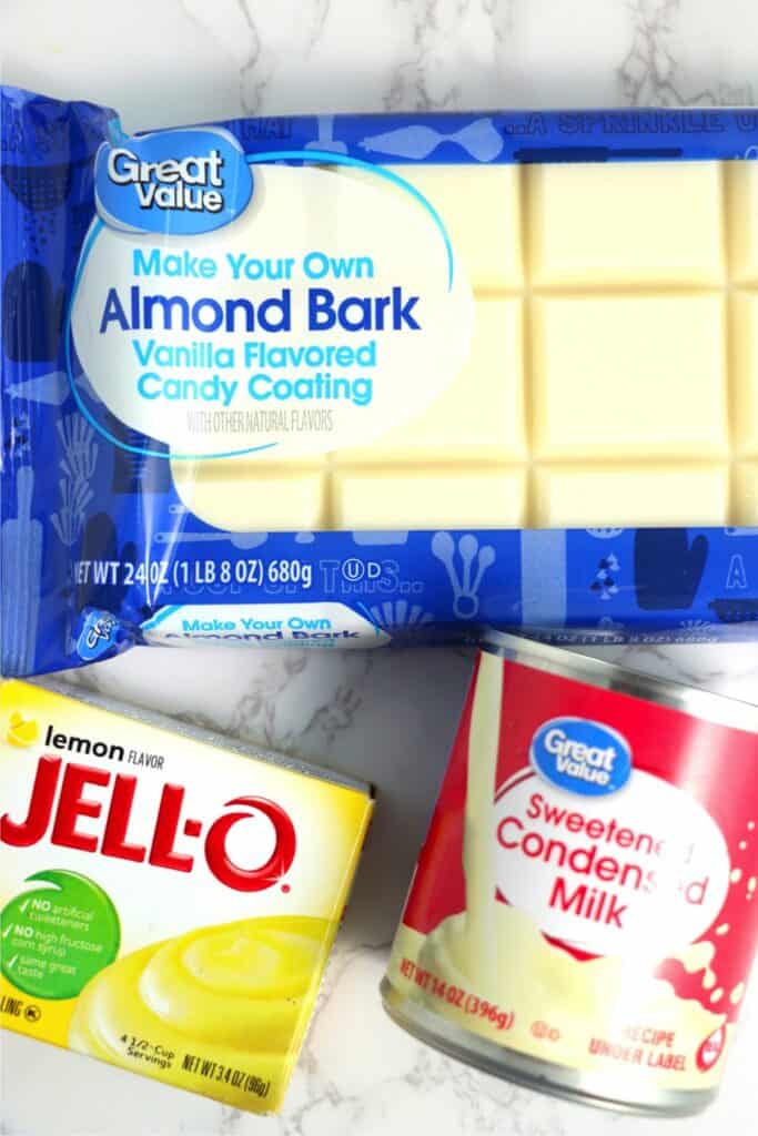 Overhead shot of individual lemon fudge ingredients on table