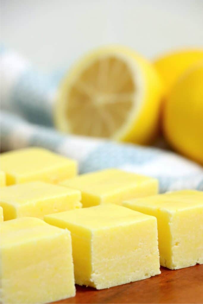 Closeup shot of lemon fudge squares.