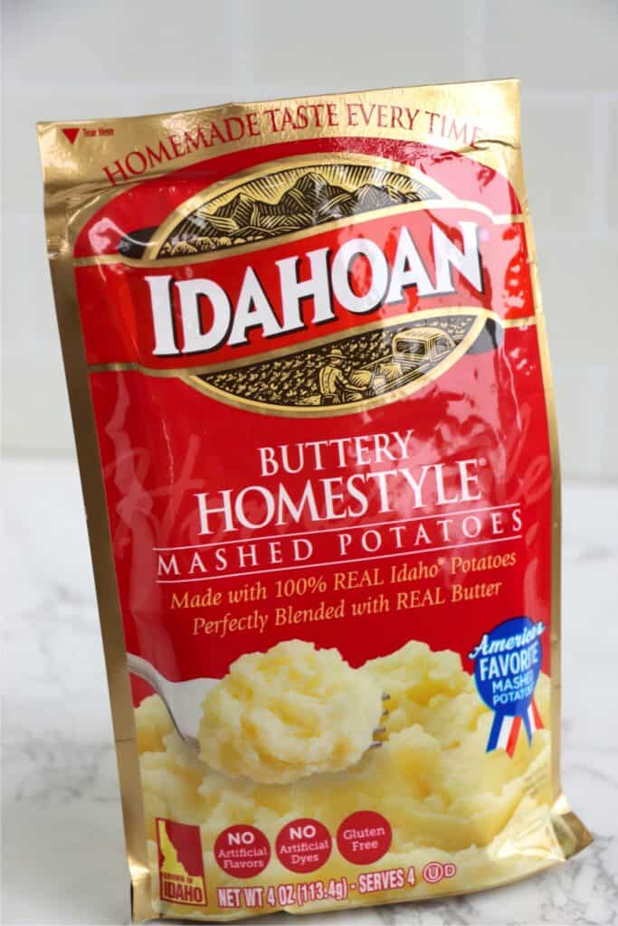 Closeup shot of package of instant potatoes.