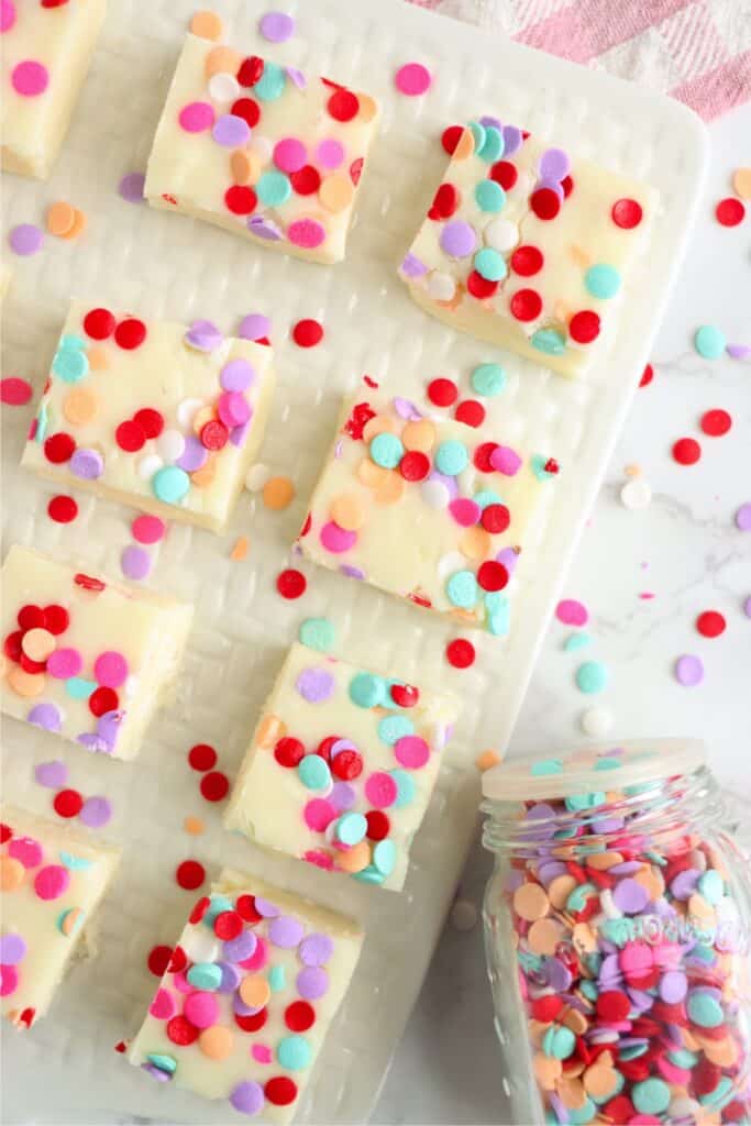 Overhead shot of potato fudge squares on plate