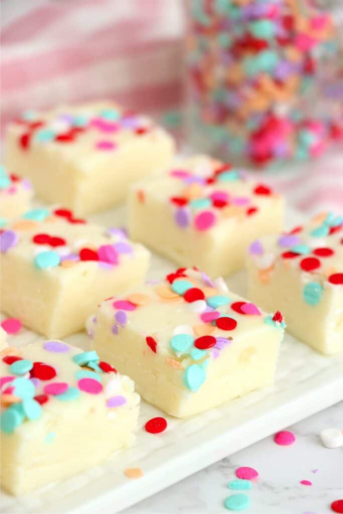 Closeup shot of potato fudge squares on plate.