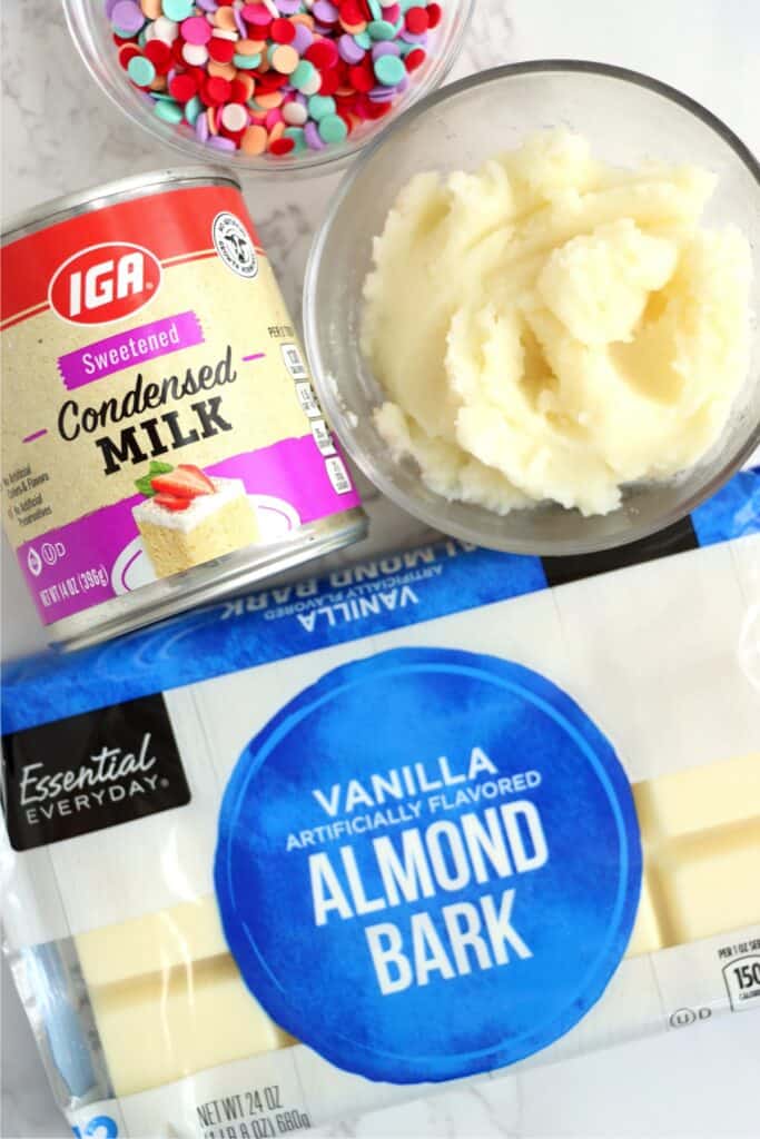 Closeup overhead shot of potato fudge ingredients in individual containers