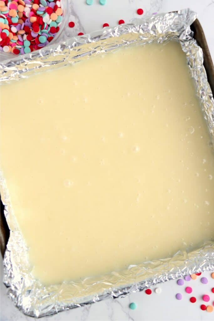 Overhead shot of potato fudge mixture in pan 