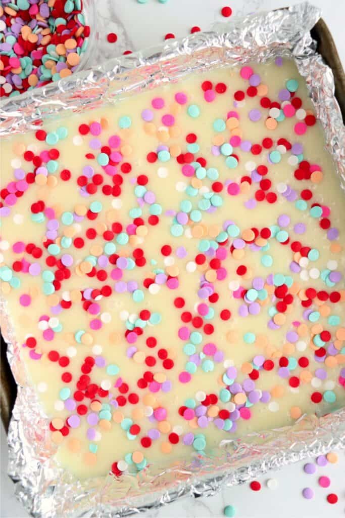 Overhead shot of potato fudge covered with sprinkles