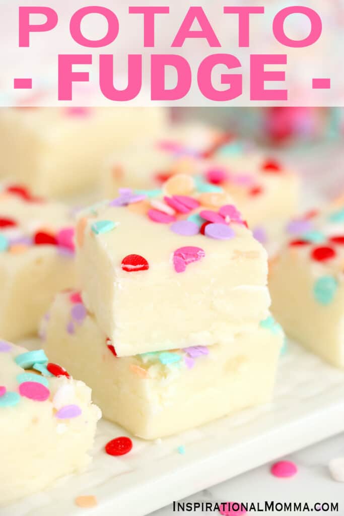 Closeup shot of potato fudge squares stacked atop one another. 