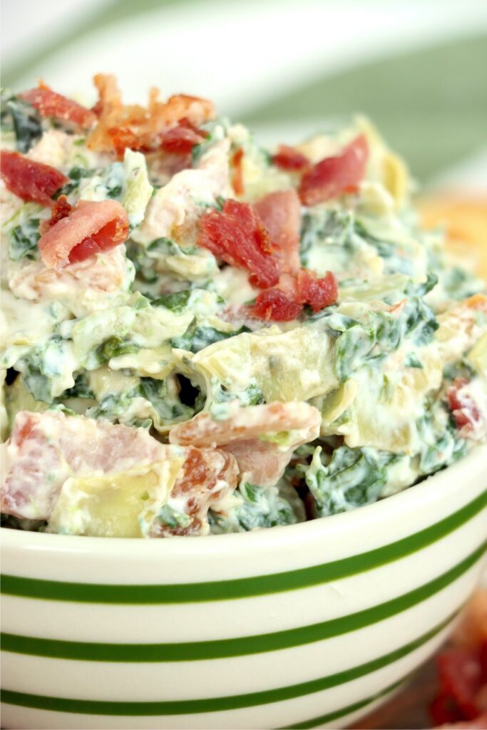 Closeup shot of bowlful of spinach artichoke dip with bacon 