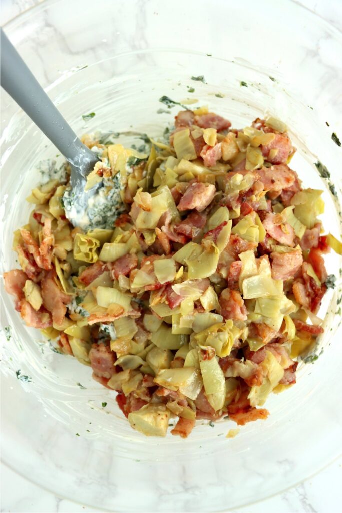 Overhead shot of dip being mixed together in bowl