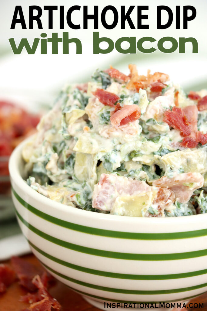 Closeup shot of bowlful of spinach artichoke dip with bacon