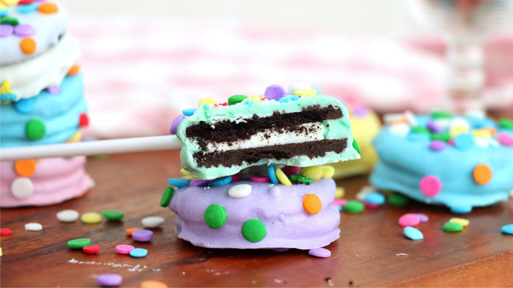 Closeup shot of Easter chocolate covered Oreoa cut in half