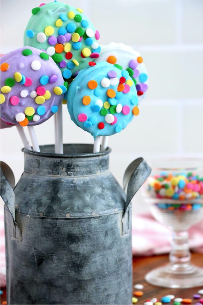 Closeup shot of Easter chocoalte covered Oreos in metal bucket