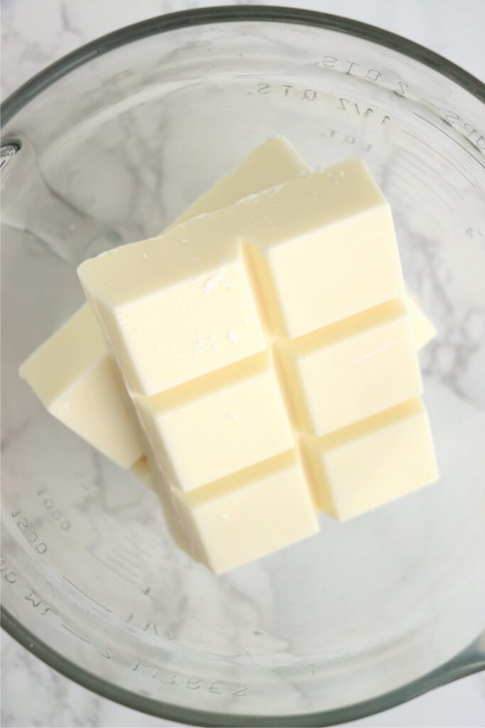 Overhead shot of vanilla almond bark in bowl