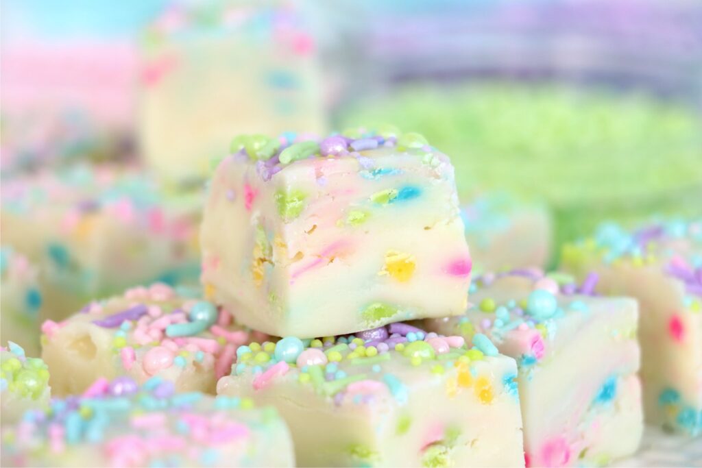 Closeup shot of Easter fudge squares stacked atop one another