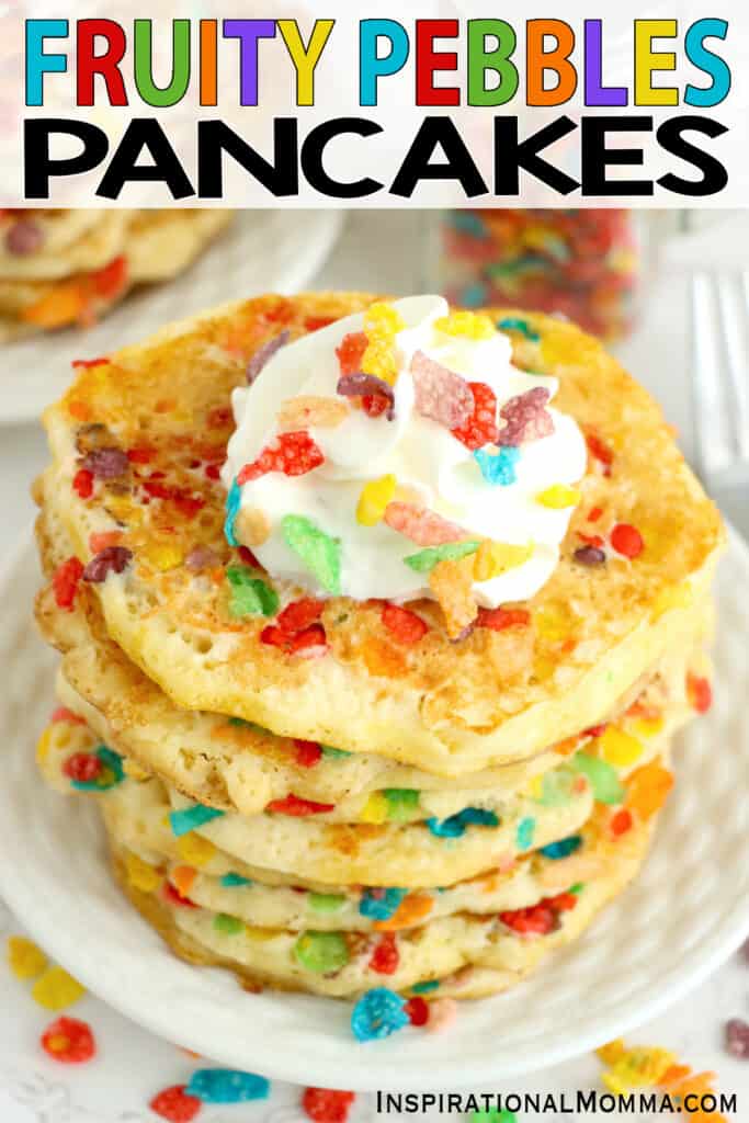 Closeup shot of stack of Fruity Pebbles pancakes on plate