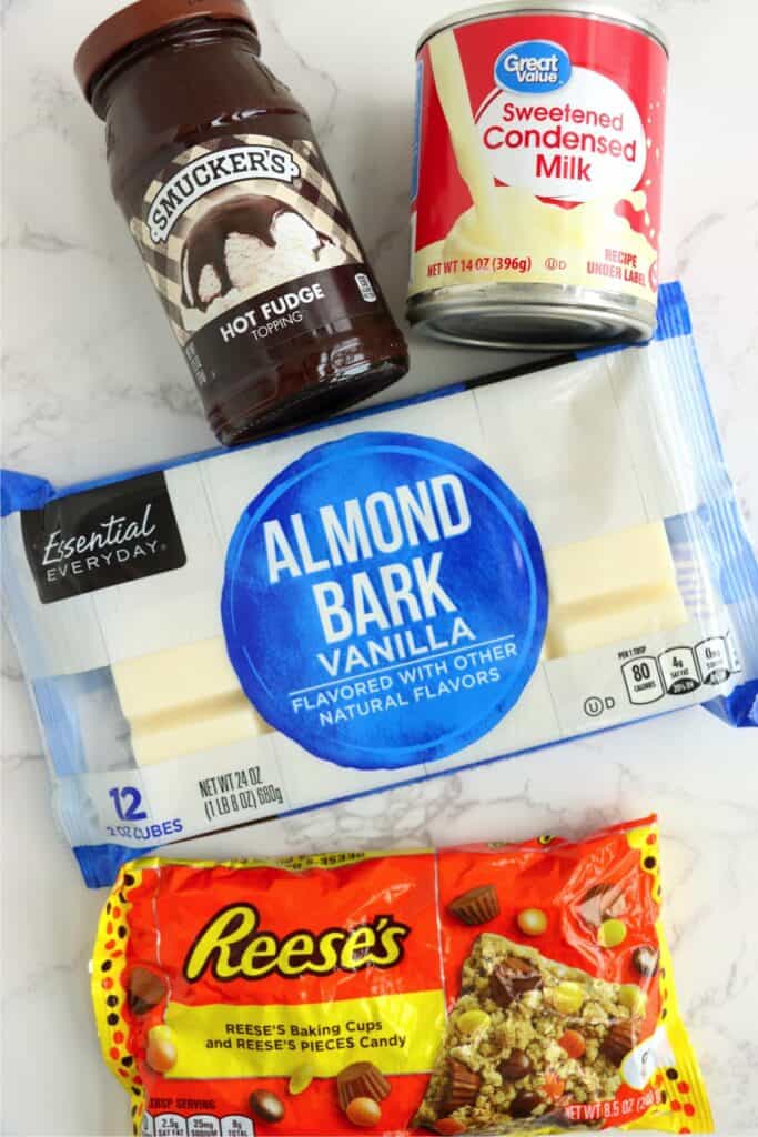 Overhead shot of individual fudge ingredients on table