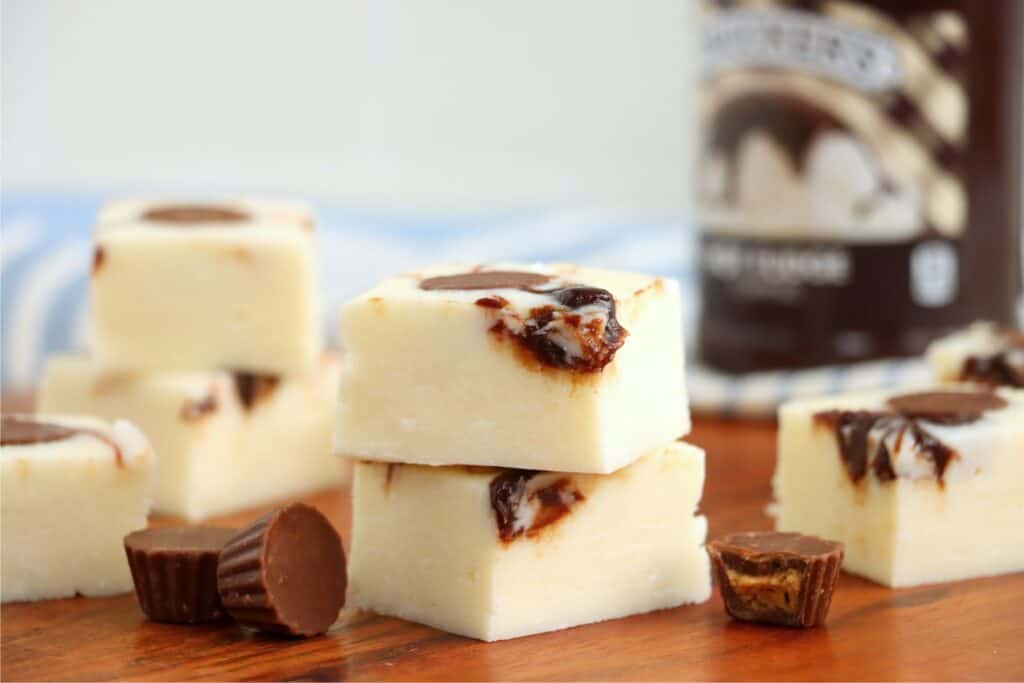 Moosetracks fudge squares on wooden board