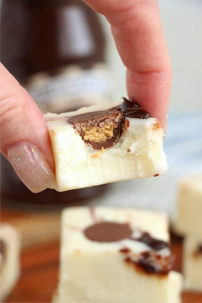 Closeup shot of hand holing a moosetracks fudge square with bite taken out