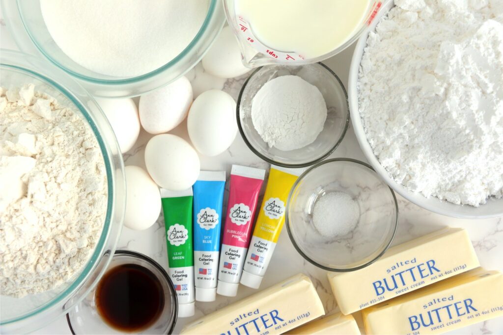 Overhead shot of individual cake ingredients on table