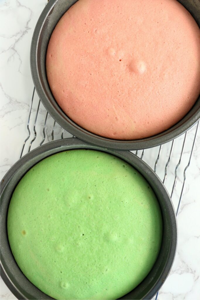 Overhead shot of baked pink and green pastel cakes in cake pans