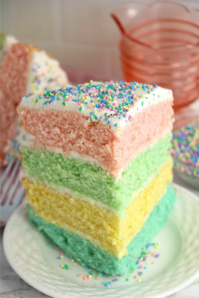 Closeup shot of pastel layer cake on plate
