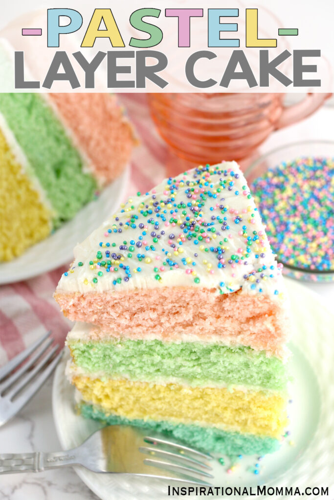 Slice of pastel layer cake on plate