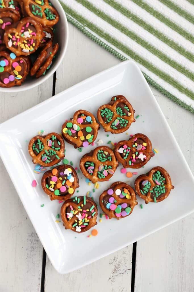 Overhead shot of pretzel Rolo bites on plate