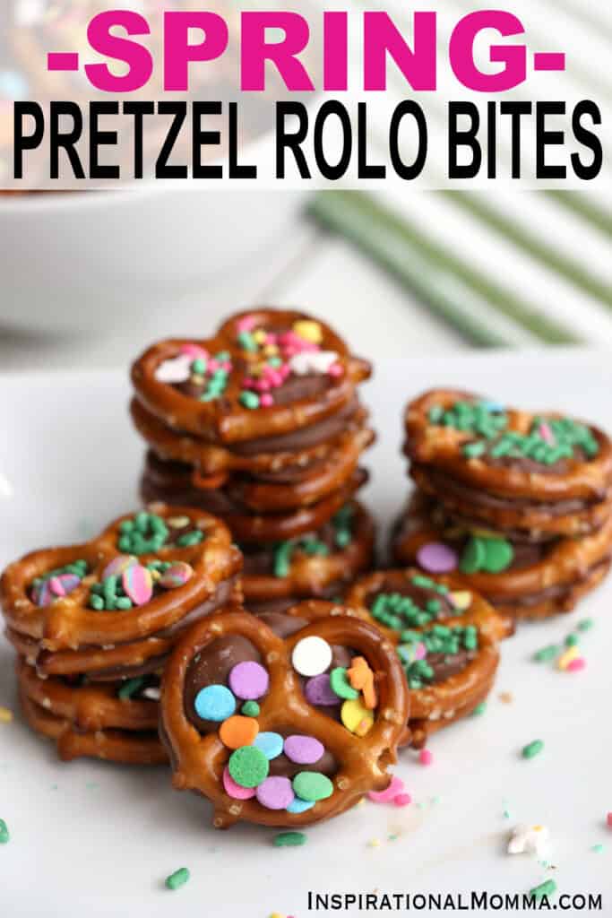 Closeup shot of pretzel Rolo bites stacked atop one another