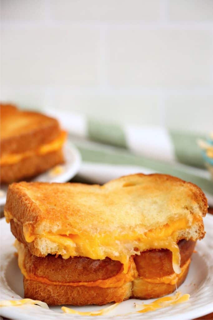 Closeup shot of two halves of toaster oven grilled cheese on plate