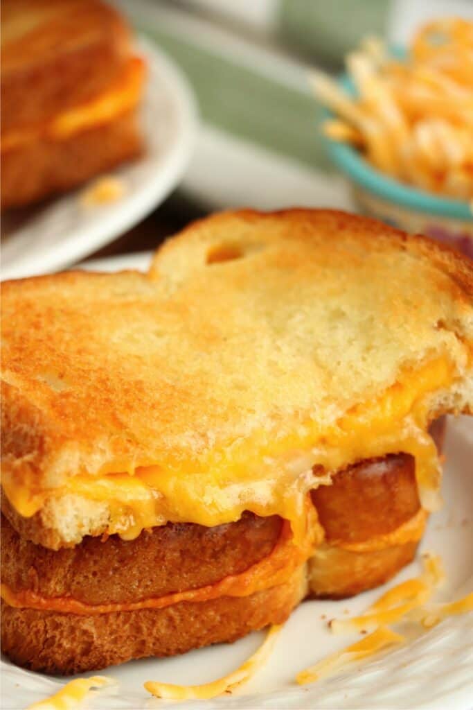Closeup shot of two toaster oven grilled cheese sandwich halves stacked atop one another on a plate