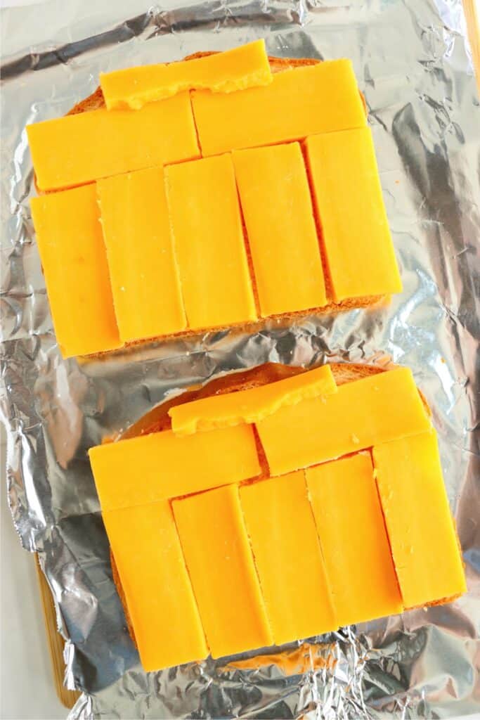 Closeup shot of two slices of bread topped with cheese