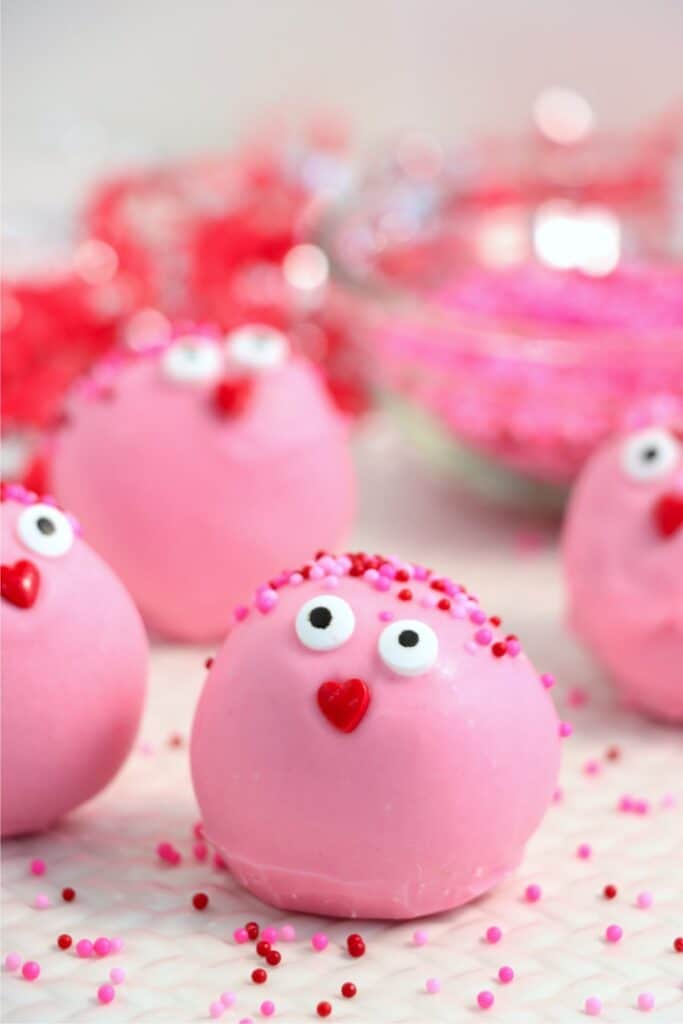 Closeup shot of Valentine Oreo balls on plate