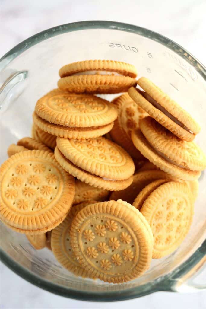 Closeup overhead shot of Golden Oreos in bowl