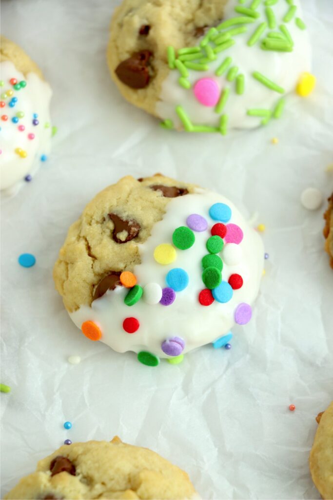 Closeup shot of chocolate chip Easter cookes on parchment paper