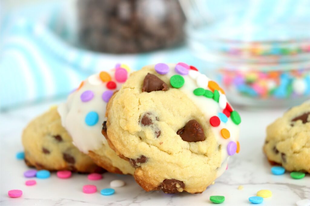 Closeup shot of chocolate chip Easter cookies on plate.