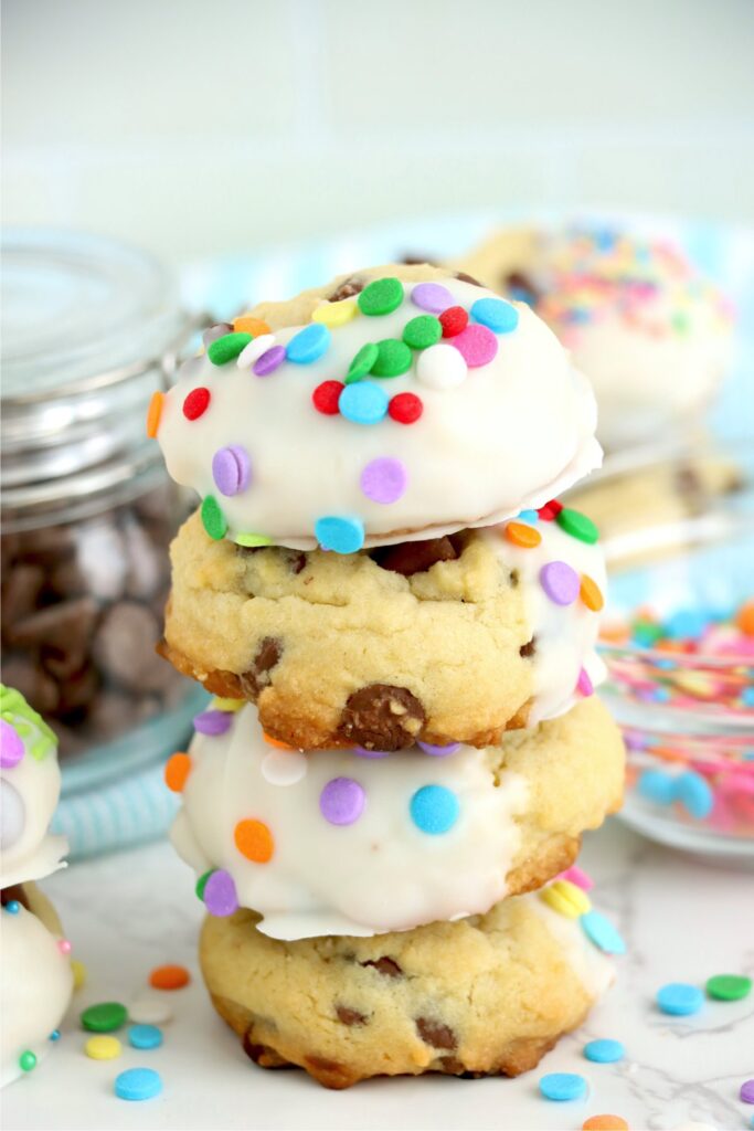 Closeup shot of chocoalte chip Easter cookies stacked atop one another