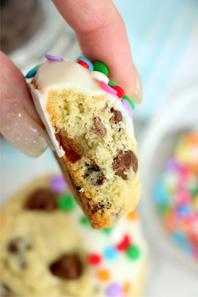 Closeup shot of hand holding chocolat chip Easter cookie with bite taken out