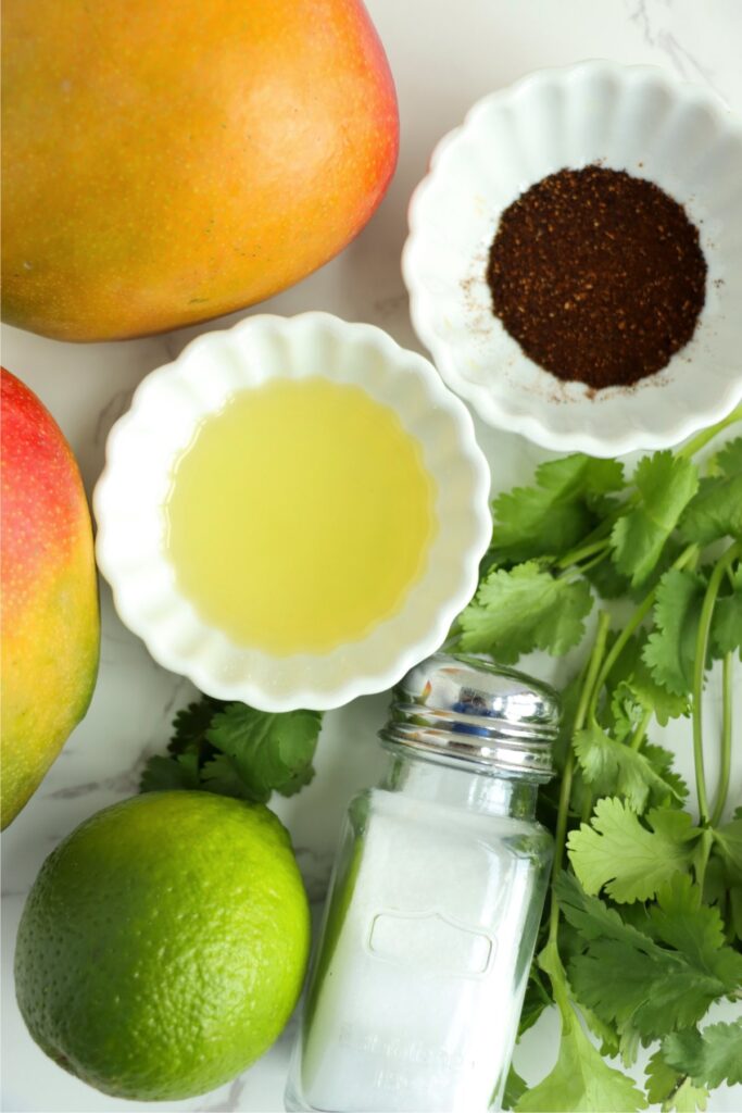 Overhead shot of mango surrounded by individual ingredients on table