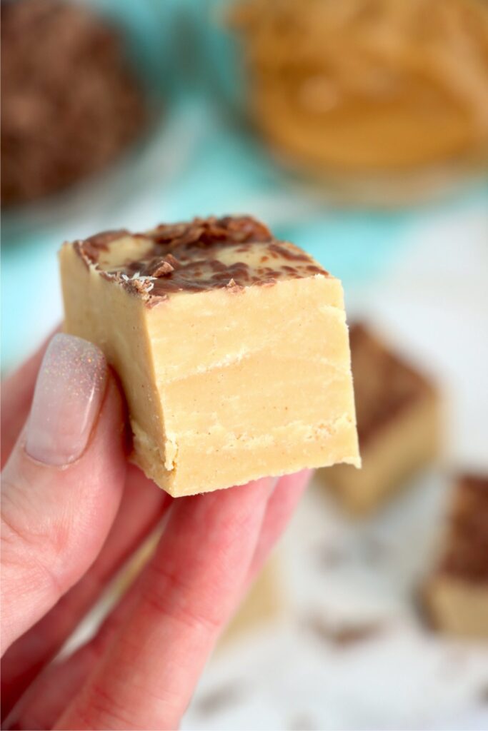 Closeup shot of hand holding a square of no bake peanut butter fudge