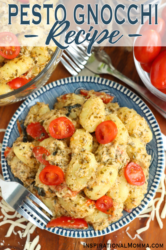 Overhead shoth of pesto gnocchi on plate