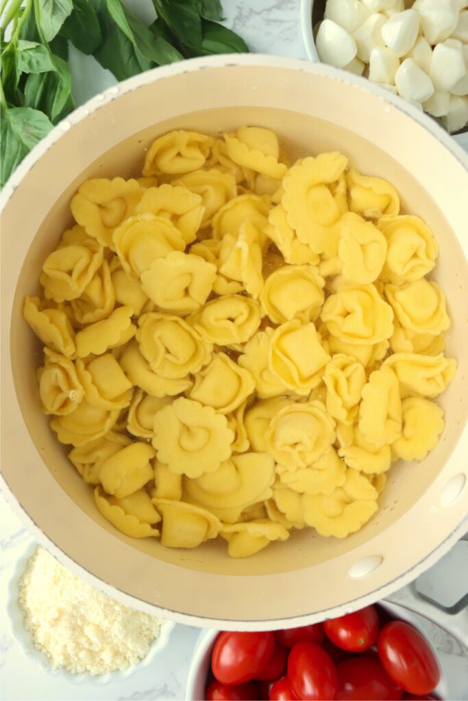 Overhead shot of cheese tortellini in pot of water