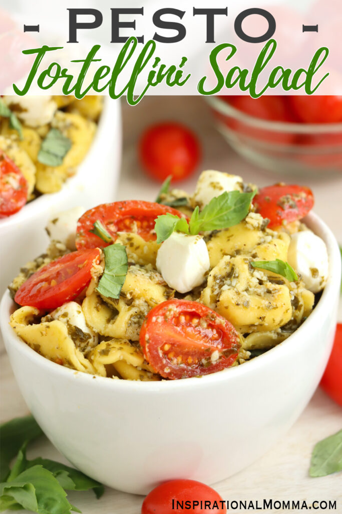 Closeup shot of bowlful of pesto tortellini salad