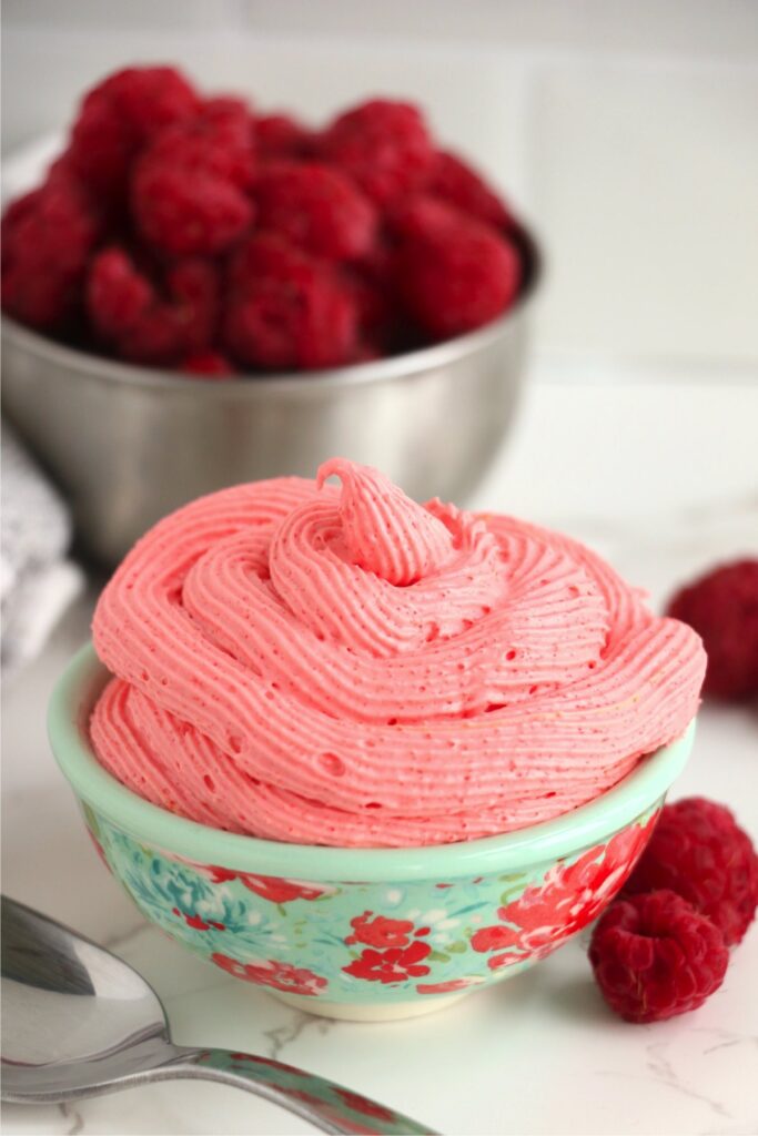 Closeup shot of bowlful of raspberry Cool Whip dessert