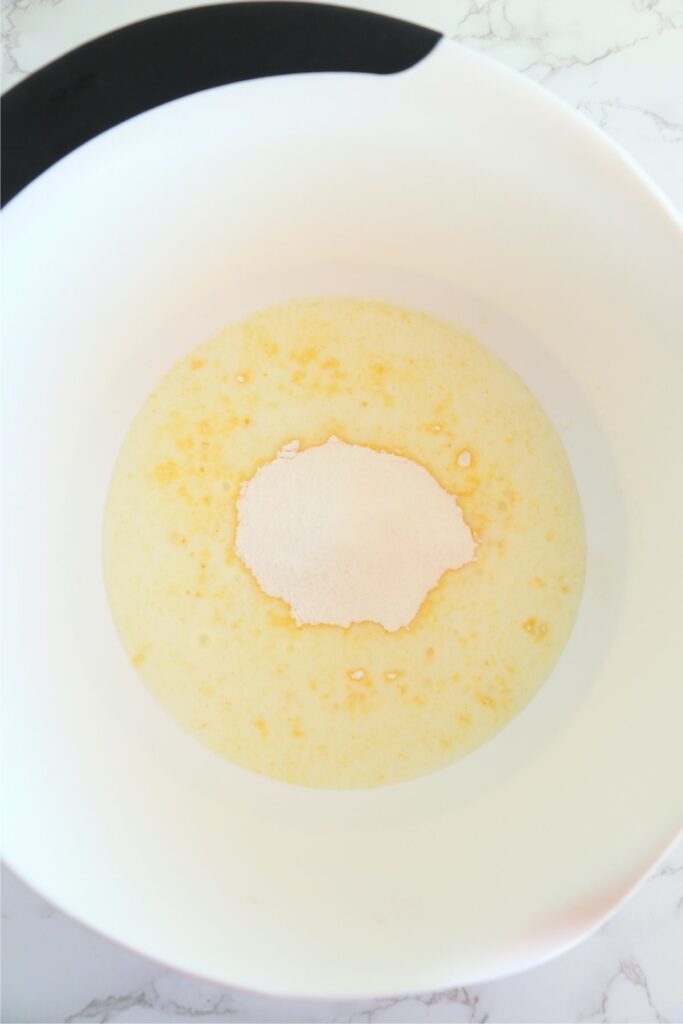 Overhead shot of pudding and milk in bowl